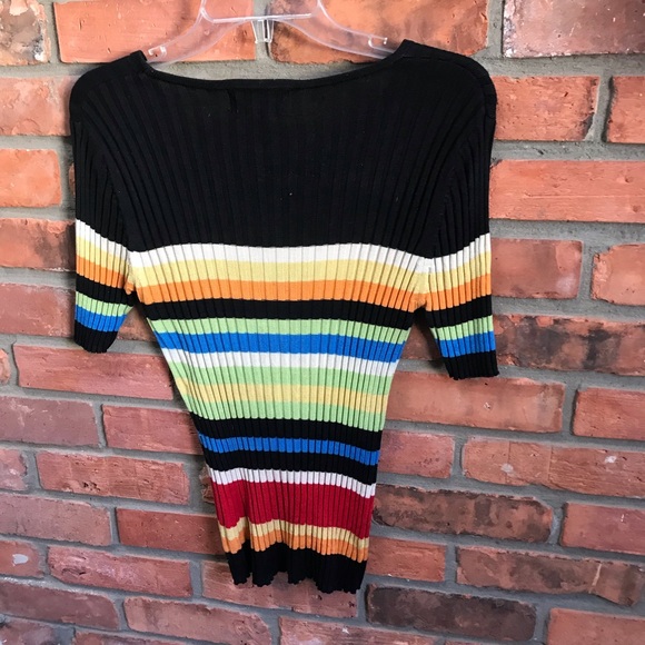 August Silk Ribbed 100% Silk Knit Sweater Top Stretch Crew Stripes Rainbow Black - Picture 6 of 11